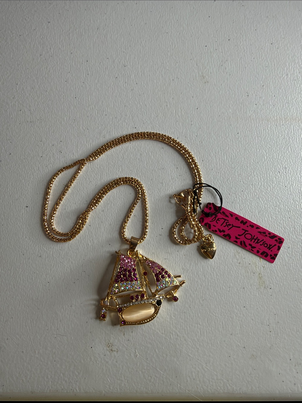 Betsey Johnson Gold-Tone Sailboat Pendant Necklace with Pink Accents